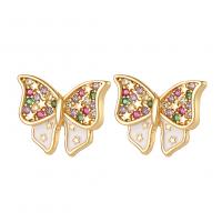Cubic Zirconia Micro Pave Brass Earring, Butterfly, gold color plated, micro pave cubic zirconia & for woman & enamel, more colors for choice, 12.50x10mm, Sold By Pair