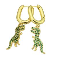 Huggie Hoop kolczyki kropla, Mosiądz, Dinozaur, Platerowane w kolorze złota, biżuteria moda & mikro utorować cyrkonia & dla kobiety, zielony, 37mm, 10par/wiele, sprzedane przez wiele