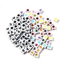 Acryl Schmuck Perlen, Quadrat, DIY & mit einem Muster von Herzen & Emaille, keine, 6.70x6.70x6.70mm, Bohrung:ca. 4.2mm, 100PCs/Tasche, verkauft von Tasche
