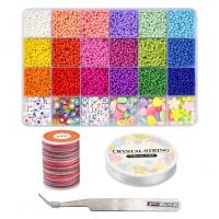 Glass Beads DIY Bracelet Set Elastic Thread & cord & beads & tweezers with Plastic Box & Acrylic silver color plated 24 cells mixed colors Sold By Set