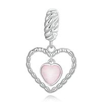 925 Sterling Silver European Pendant, with Glass, Heart, platinum plated, hollow, 22x13mm, Sold By PC