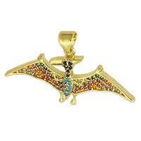 Cubic Zirconia Micro Pave Brass Pendant, Dinosaur, gold color plated, fashion jewelry & DIY & micro pave cubic zirconia & for woman, multi-colored, 32x16x3mm, Hole:Approx 3mm, 10PCs/Lot, Sold By Lot