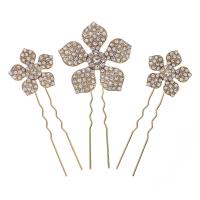 Hair Stick Zinc Alloy Flower gold color plated three pieces & for woman & with rhinestone golden nickel lead & cadmium free Sold By Bag