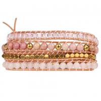 Bracelet châle , quartz rose, avec cordon en cuir & pierre de grain & alliage de zinc, multicouche & pour femme, Longueur:Environ 31.89 pouce, Vendu par PC