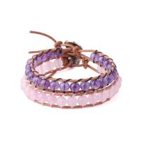 Bracelets quartz, améthyste, avec cordon en cuir & quartz rose & laiton, pour femme, 8mm, Longueur Environ 8.27 pouce, Vendu par PC