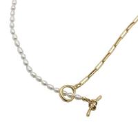 Freshwater Pearl Brass Chain Necklace, cobre, with Pérolas de água doce, cromado de cor dourada, para mulher, comprimento 45 cm, vendido por PC