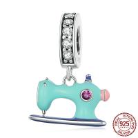 925 Sterling Silver European Pendant, Sewing Machine, oxidation, epoxy gel & with rhinestone, blue, 13x18mm, Sold By PC
