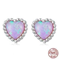 925 Sterling Silver Stud Earring with Opal Heart platinum color plated for woman pink Sold By Pair