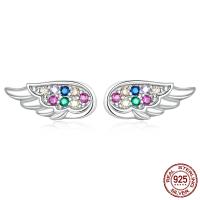 925 Sterling Silver Stud Earring, Wing Shape, platinum color plated, micro pave cubic zirconia & for woman, 12x5mm, Sold By PC