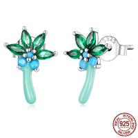 925 Sterling Silver Stud Earring with turquoise Flower oxidation for woman & epoxy gel & with rhinestone green Sold By Pair