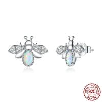 925 Sterling Silver Stud Earring, Bee, platinum color plated, for woman & with rhinestone, 11x14mm, Sold By Pair