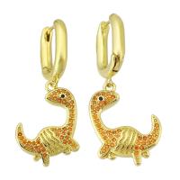 Brass Lever Back Earring, Dinosaur, gold color plated, fashion jewelry & micro pave cubic zirconia & for woman, orange, 37mm, 10Pairs/Lot, Sold By Lot