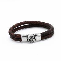 Leather Cord Bracelet, with 316 Stainless Steel, Skull, Double Layer & vintage & Unisex & anti-fatigue, brown, 33x14mm, Length:Approx 21.5 cm, Sold By PC