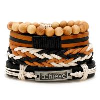 Cowhide Bracelet, with Wax Cord & Wood & Tibetan Style, with 8-9cm extender chain, knit, 4 pieces & Adjustable & fashion jewelry & for man, mixed colors, Length:17-18 cm, Sold By Set