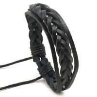 PU Leather Cord Bracelets, with Wax Cord, with 8-9cm extender chain, knit, Adjustable & fashion jewelry & multilayer & for man, black, 18mm, Length:17-18 cm, Sold By PC