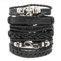 PU Leather Cord Bracelets with Wax Cord & Copper Coated Plastic & Zinc Alloy with 8-9cm extender chain knit 6 pieces & Adjustable & fashion jewelry & for man black Length 17-18 cm Sold By Set