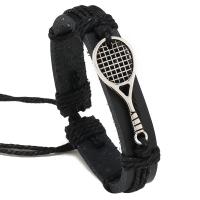 PU Cord Armbånd, med Hamp & Zinc Alloy, med 8-9cm extender kæde, Tennis Racket, strik, Justerbar & mode smykker & for mennesket, sort, 12mm, Længde 17-18 cm, Solgt af PC