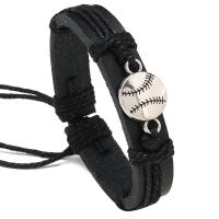 PU Leather Cord Bracelets, with Linen & Tibetan Style, with 8-9cm extender chain, Baseball, knit, Adjustable & fashion jewelry & for man, black, 12mm, Length:17-18 cm, Sold By PC