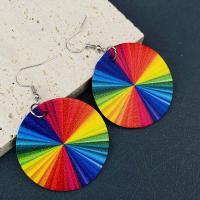 PU Leather Drop Earring, with Brass, brass earring hook, Round, printing, fashion jewelry & for woman, multi-colored, 36x77mm, Sold By Pair