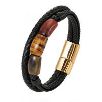 Bracelet cordon en cuir, avec oeil de tigre & Acier inoxydable 304, Placage, Double couche & bracelet tressé & unisexe & normes différentes pour le choix, plus de couleurs à choisir, Vendu par PC