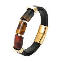 Natural Tiger Eye Bracelets, Leather, with Titanium Steel & Tiger Eye, plated, fashion jewelry & Unisex & different size for choice, more colors for choice, Sold By PC