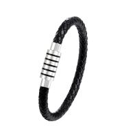 Leather Bracelet with 316L Stainless Steel platinum color plated braided bracelet  & for man black Sold By PC