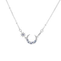 Cubic Zircon Micro Pave 925 Sterling Silver Necklace Moon platinum plated fashion jewelry & micro pave cubic zirconia & for woman blue 13mm Length Approx 17.7 Inch Sold By PC