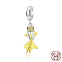 Cubic Zirconia Micro Pave 925 Sterling Silver Pendant, Fish, oxidation, enamel, yellow, 8x24mm, Sold By PC