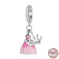 Cubic Zirconia Micro Pave 925 Sterling Silver Pendant, Skirt, oxidation, enamel, pink, 10x26mm, Hole:Approx 4.5mm, Sold By PC