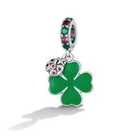 Cubic Zirconia Micro Pave 925 Sterling Silver Pendant, Four Leaf Clover, oxidation, micro pave cubic zirconia & enamel, green, 12x22mm, Hole:Approx 4.5mm, Sold By PC