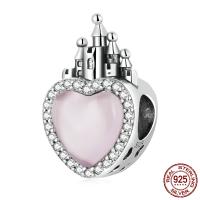 925 Sterling Silver European Beads, with Glass, Heart, oxidation, micro pave cubic zirconia, pink, 11x17mm, Hole:Approx 4.5mm, Sold By PC