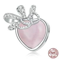 925 Sterling Silver European Beads, with Glass, platinum color plated, micro pave cubic zirconia, pink, 14x14mm, Hole:Approx 4.5mm, Sold By PC