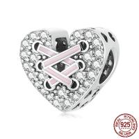 925 Sterling Silver European Beads, Heart, oxidation, micro pave cubic zirconia & enamel, pink, 12x11mm, Hole:Approx 4.5mm, Sold By PC