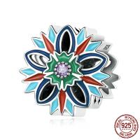 925 Sterling Silver European Beads, Flower, oxidation, micro pave cubic zirconia & enamel, multi-colored, 11x11mm, Hole:Approx 5mm, Sold By PC
