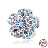 925 Sterling Silver European Beads Flower oxidation micro pave cubic zirconia & enamel multi-colored Approx 4.5mm Sold By PC