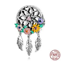925 Sterling Silver European Beads, Dream Catcher, oxidation, micro pave cubic zirconia & enamel & hollow, multi-colored, 13x23mm, Hole:Approx 4.5mm, Sold By PC