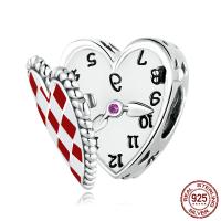 925 Sterling Silver European Beads, Heart, oxidation, micro pave cubic zirconia & enamel, red, 12x12mm, Hole:Approx 4.5mm, Sold By PC