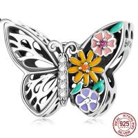 925 Sterling Silver European Beads Butterfly oxidation micro pave cubic zirconia & enamel & hollow multi-colored Approx 4.5mm Sold By PC