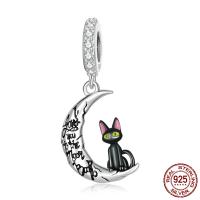 Cubic Zirconia Micro Pave 925 Sterling Silver Pendant, Cat, plated, micro pave cubic zirconia & enamel, black, 10x24mm, Hole:Approx 4.5mm, Sold By PC