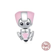 925 Sterling Silver European Beads, Robot, oxidation, enamel, pink, 9x12mm, Hole:Approx 4.5mm, Sold By PC