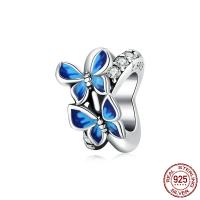 925 Sterling Silver European Beads Butterfly oxidation micro pave cubic zirconia & enamel blue Approx 4.5mm Sold By PC