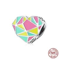 925 Sterling Silver European Beads, Heart, oxidation, enamel, multi-colored, 12x11mm, Hole:Approx 4.5mm, Sold By PC