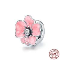 925 Sterling Silver European Beads, Flower, oxidation, micro pave cubic zirconia & enamel, pink, 11x10mm, Sold By PC