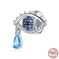 925 Sterling Zilver European Beads, oog, oxydatie, micro pave zirconia & hol, blauw, 13x13mm, Verkocht door PC