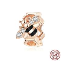 925 Sterling Silver European Beads, Bee, rose gold color plated, micro pave cubic zirconia & enamel, 7x10mm, Hole:Approx 4.5mm, Sold By PC