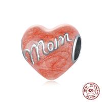 925 Sterling Silver European Beads, Heart, platinum color plated, enamel, reddish orange, 11x10mm, Sold By PC