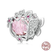 925 Sterling Silver European Beads, platinum color plated, micro pave cubic zirconia & hollow, pink, 14x13mm, Hole:Approx 5mm, Sold By PC