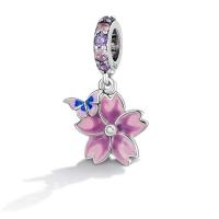 Cubic Zirconia Micro Pave 925 Sterling Silver Pendant Oriental Cherry oxidation micro pave cubic zirconia & enamel pink Approx 4.5mm Sold By PC