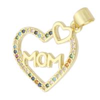 Cubic Zirconia Micro Pave Brass Pendant, Heart, gold color plated, fashion jewelry & Mother Day Jewelry & DIY & micro pave cubic zirconia, multi-colored, 19x6x2mm, Hole:Approx 3mm, 10PCs/Lot, Sold By Lot