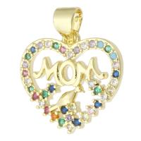Cubic Zirconia Micro Pave Brass Pendant, Heart, gold color plated, fashion jewelry & Mother Day Jewelry & DIY & micro pave cubic zirconia, multi-colored, 17x16x2mm, Hole:Approx 3.5mm, 10PCs/Lot, Sold By Lot